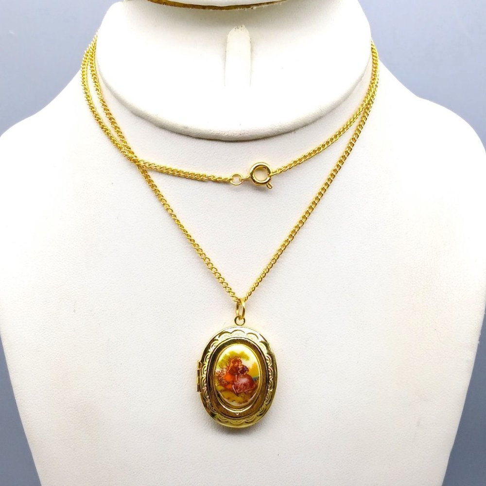 Vintage Locket Pendant Necklace with Oval, Fragonard Romantic Portrait, Ornate